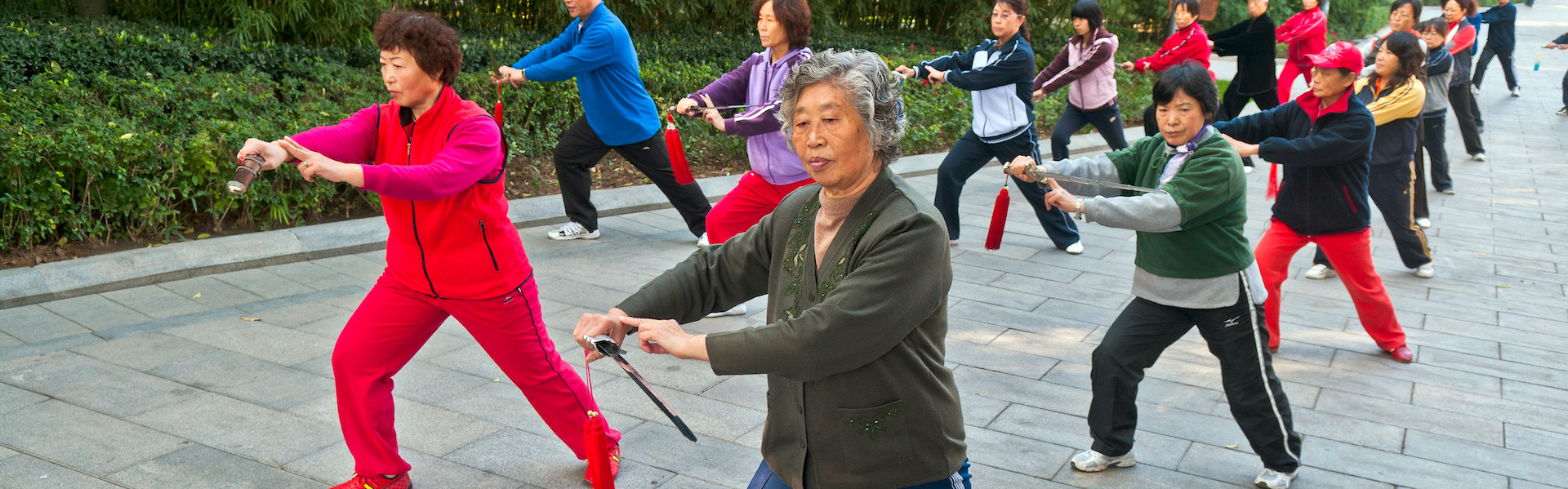 'Today's Research on Aging" Health and Aging in China. photo is of and Aging Group of limber adults in tai-chi poses